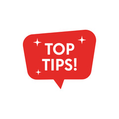Top Tips Speech Bubble Icon with Sparkles, Bright Red Graphic for Advice and Recommendations