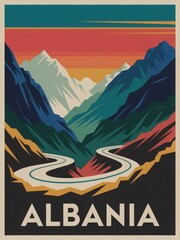 A winding road curves through majestic mountains in Albania as the sun sets, casting colorful hues across the sky. The landscape shows a blend of rich greens and rocky terrains under vibrant tones.