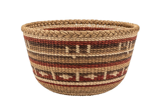 Woven native american style basket with geometric patterns isolated on transparent background