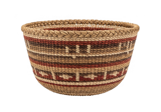 Woven native american style basket with geometric patterns isolated on transparent background
