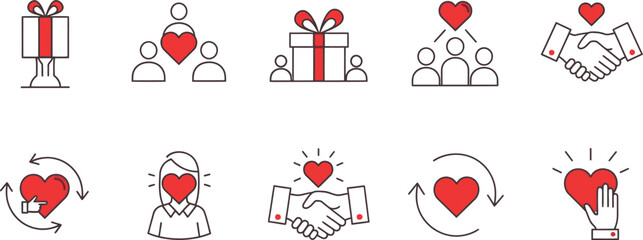 Vector Illustration of Giving, Love, Charity, and Community Icons Set. Heart, Gift, Donation, Partnership, Support Symbols.