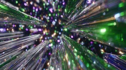 Vibrant close-up of green and purple light burst with dynamic rays and glowing particles on a dark background, ideal for futuristic and abstract visual projects.