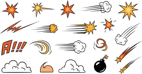 Vector Illustration of Dynamic Comic Book Action Effects: Explosions, Bursts, Speed Lines, and Impact Elements