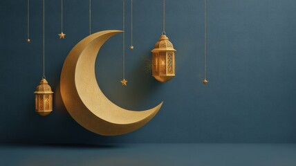 Ramadan kareem greeting card background with glowing crescent moon, hanging lanterns, and festive eid mubarak decorations for islamic celebration and spiritual holiday ambiance
