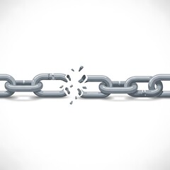 Obraz premium Realistic metal chain with a single link breaking apart on a white background.