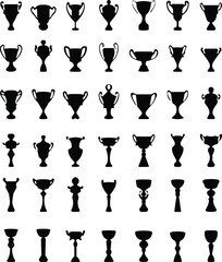 Collection of black trophy silhouettes featuring various award cup designs, victory symbols, champion icons, perfect for sports graphics, vector illustration, design elements