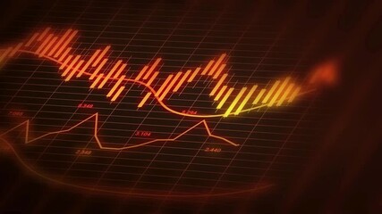 Abstract financial chart with glowing red and orange lines on a dark background depicting market fluctuations and data analysis. - Powered by Adobe