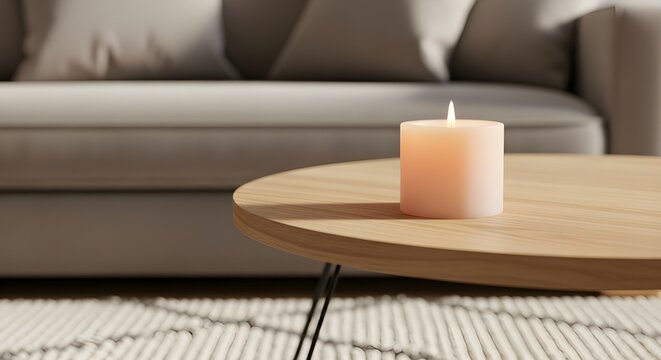 Close up of a lit peach colored pillar candle burning on a round wooden coffee table in a modern living room with a sofa in the background