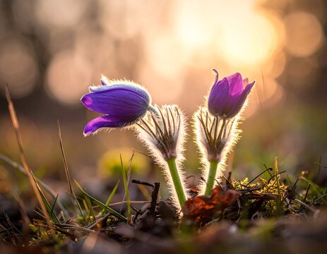 Close-up of two purple pasque flowers glowing in golden light, set against a blurred background