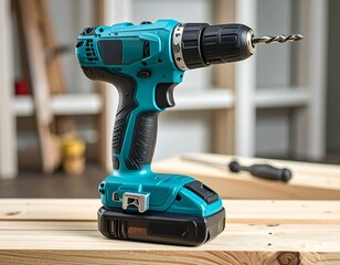 Power drill on wooden workbench