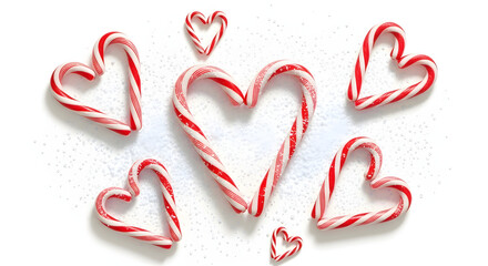 Heart shaped candy canes arranged on white surface