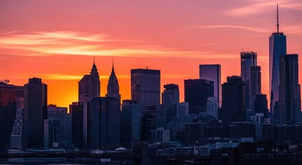 Fototapeta premium Vibrant New York City Skyline at Sunset: Iconic Manhattan Skyscrapers Against a Fiery Orange Sky