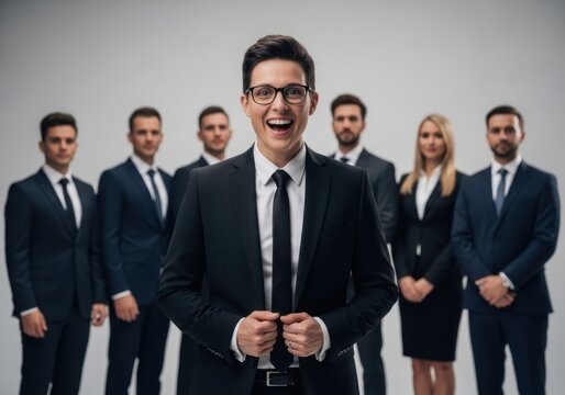 Confident businessman laughing with professional team in formal attire isolated on white background
