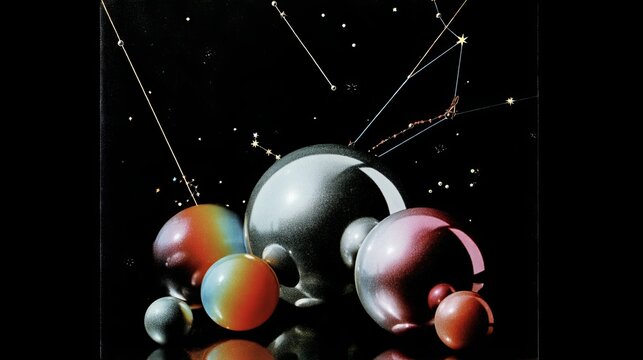 Square album cover with space-age pop art featuring chrome spheres, neon constellations, glossy surreal elements, optimistic futuristic design, saturated colors on black. - Powered by Adobe