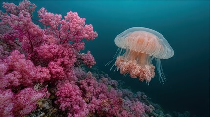 A translucent jellyfish floats gracefully near vibrant coral reefs in clear blue ocean water, showcasing marine life in a bright underwater environment.