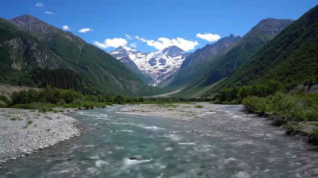 River flows through mountain valley under blue sky with glacier backdrop; scenic travel or nature content