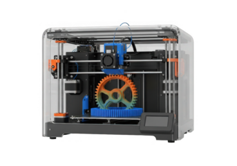 Modern 3d printer with intricate mechanical parts isolated on transparent background