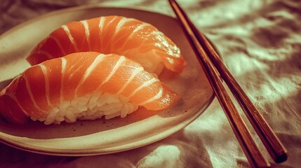 Two pieces of sushi on a white plate with wooden chopsticks, set against a clean white background, perfect for food-related content and Asian cuisine themes.