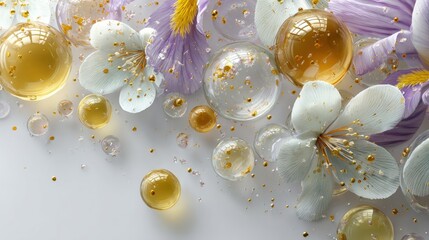 Colorful flowers and transparent bubbles scattered on a clean white surface, creating a bright and fresh composition ideal for spring or beauty themes.
