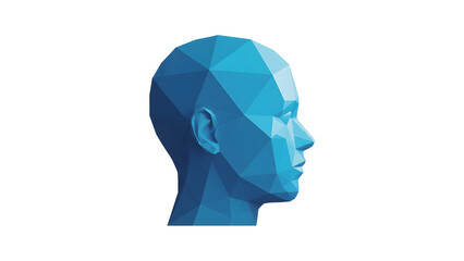 Blue low poly human head profile icon, 3D geometric illustration symbolizing technology, AI, and digital security, isolated on transparent background