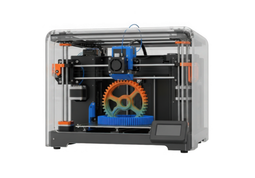 Modern 3d printer with intricate mechanical parts isolated on transparent background