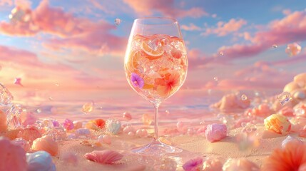 Clear glass filled with ice cubes and fresh flowers, showcasing a refreshing and decorative beverage detail on a bright, white background.