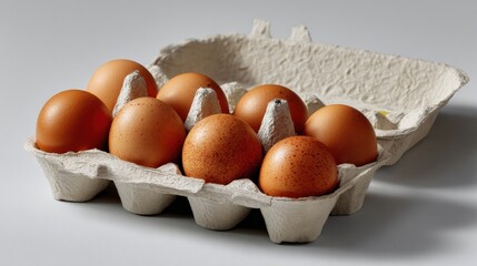 Fresh brown eggs neatly arranged in a carton on a wooden table with a smooth gray background, ideal for food, cooking, and breakfast themes.
