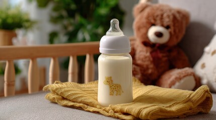A baby bottle and a teddy bear rest on a soft beige blanket, creating a cozy, calm scene ideal for infant care or nursery themes.