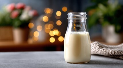A clear glass bottle filled with fresh milk sits on a wooden table with soft natural light highlighting its smooth surface and white liquid inside.