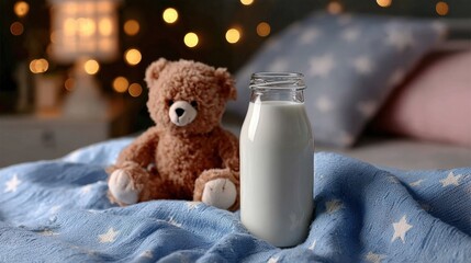 A soft brown teddy bear sits beside a glass bottle of milk on a white surface with a blurred neutral background, ideal for children or nursery themes.