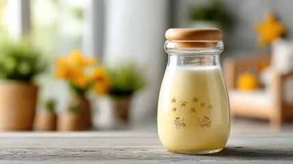 Clear glass bottle filled with milk on wooden table, with a green leafy flower pot blurred in the warm background, soft natural daylight.