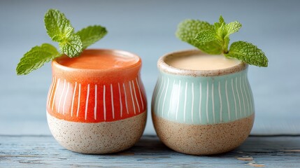 Two ceramic cups with distinct colorful patterns sit side by side on a white surface, showcasing vibrant designs against a plain background.