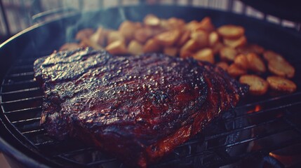 Close-up of a metal carafe on a grill alongside roasted potatoes and grilled meat, captured in natural daylight for outdoor cooking scenes.