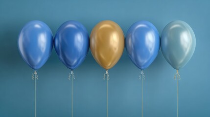 A vibrant row of blue, gold, and silver balloons arranged against a solid blue wall, perfect for celebrations, parties, and festive event backgrounds.