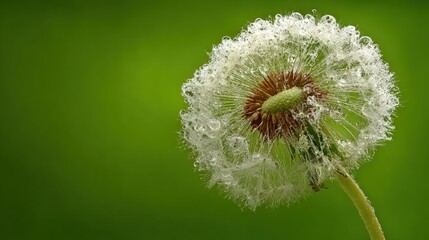 Close-up of a dried dandelion seed head covered in water droplets against a soft green blurred background, highlighting natural texture and detail.