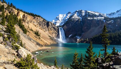 A tall waterfall plunges into a turquoise lake, framed by mountains with patches of snow and lush evergreens. Clear sky