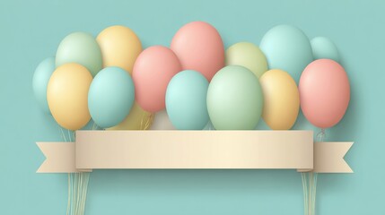 Multiple colorful balloons with ribbons floating against a solid blue background, ideal for celebrations, parties, and festive event designs.