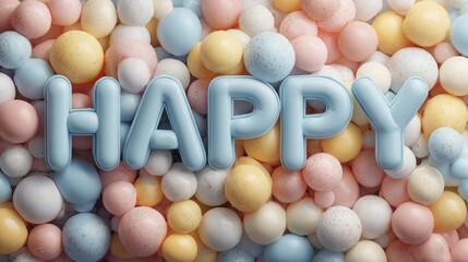 Close-up of colorful candy pieces arranged to spell the word "happy" on a white background, perfect for celebrations and joyful themes.