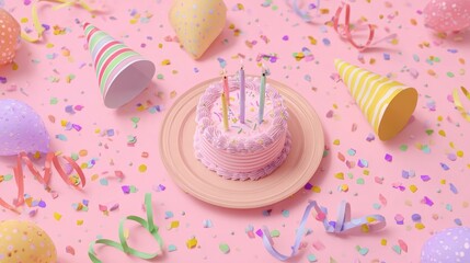 Pink frosted cake with lit candles on a white plate, surrounded by colorful confetti on a white background, bright and festive birthday celebration scene.