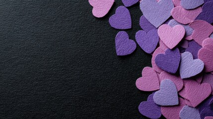 Purple and pink heart-shaped confetti scattered across a black matte surface, creating a vibrant and romantic visual contrast for festive or love-themed designs.