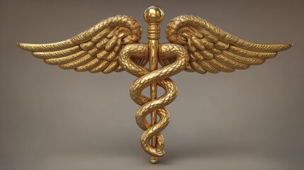 Close-up of a shiny golden medical caduceus symbol featuring a snake, isolated on a white background, ideal for healthcare and medical themes.