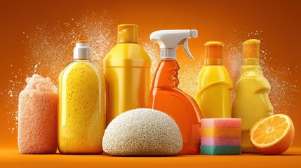 Various colorful cleaning products arranged on a white table surface, including sprays, bottles, and detergents, with a bright, neutral background for commercial use.