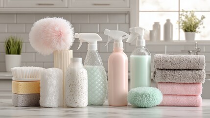 Various colorful cleaning products arranged on a kitchen counter with a bright, white background, ideal for household cleaning and hygiene themes.