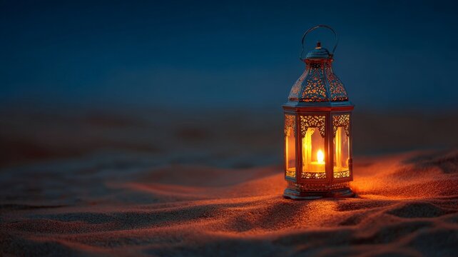 Glowing ramadan lantern on tranquil desert sand under starry night sky creating warm spiritual ambience for peaceful ramadan kareem background and islamic festive atmosphere