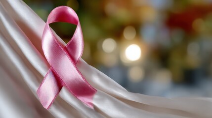 Pink awareness ribbon placed on smooth white fabric with soft-focus neutral background, ideal for health, support, and charity concepts.