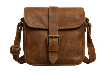 Brown distressed leather crossbody bag with buckle closure, a fashionable retro accessory representing vintage style