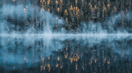 Serene Forest Lake Scene with Misty Reflections and Tall Pine Trees in Early Morning Light