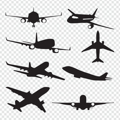 Collection of airplane silhouettes in various poses for graphic design needs