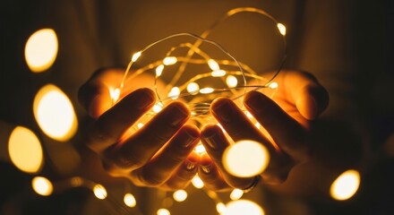 Warm Fairy Lights in Hands, Bokeh, Magic, Hope, Celebration, Festive Atmosphere
