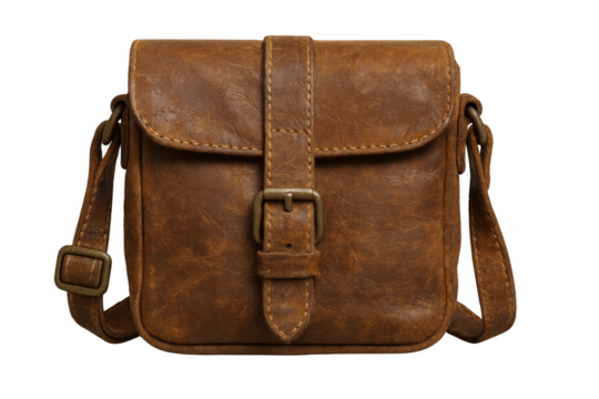 Brown distressed leather crossbody bag with buckle closure, a fashionable retro accessory representing vintage style